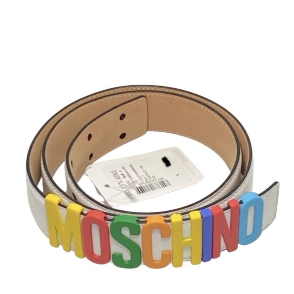 MOSCHINO MULTI-COLOR LOGO PLAQUE LEATHER BELT IN WHITE/MULTI S/M main image 5